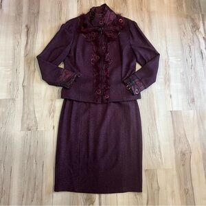 St John Couture Plum Purple Shimmer Skirt Suit Set Zip Jacket Blazer Feathers 12